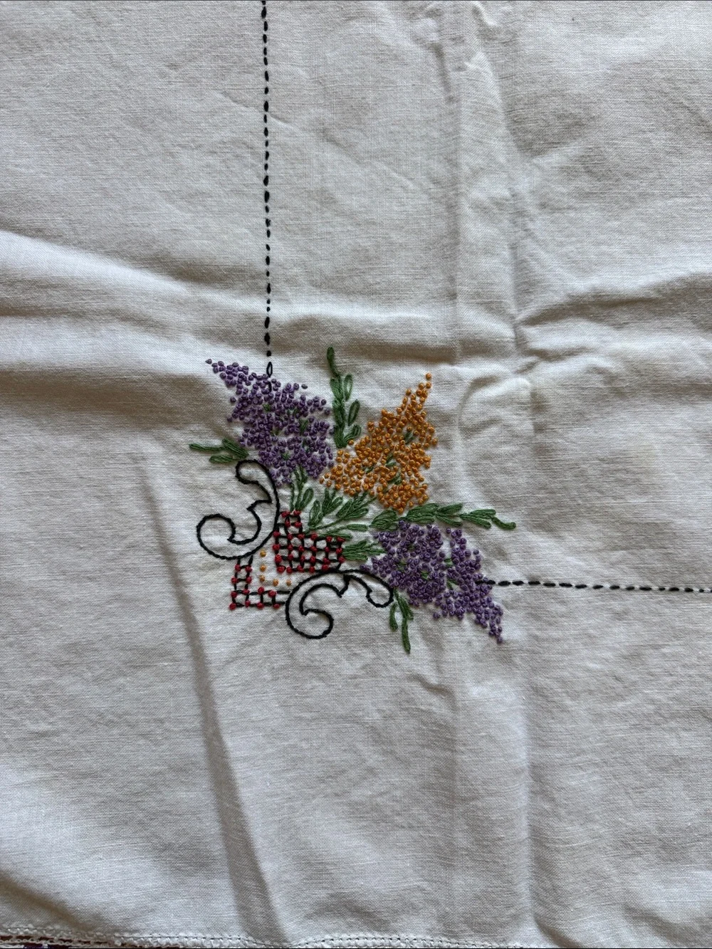 Hand-Embroidered White Tablecloth with Purple & Gold Floral Accents